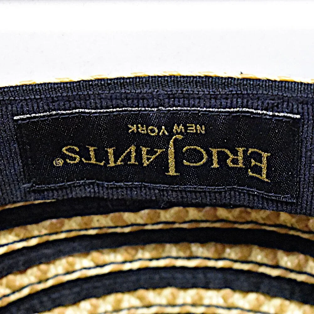 Eric Javits Womens Newsboy Hat Natural Raffia  Tan & Black UPF 50+ Packable Cap - Picture 6 of 7